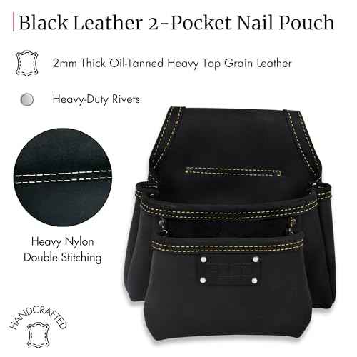 FESA 2 Pocket Nail Pouch for Tool Belts - Leather Screw Pouch with 2 Extra Large Pockets for Fasteners - Heavy Duty Rivets & Stitching - Fits Tool Belts up to 3" - Handcrafted