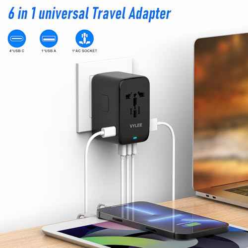 120W Universal Travel Adapter, GaN III International Power Adapter, 4 USB-C 1 USB-A Ports, AC Outlet, Worldwide US/UK/EU/AU Travel Charger for Cameras Laptops Tablets Phones and More