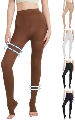 MGANG Medical Compression Pantyhose for Women & Men, 20-30mmHg Graduated Compression Support Tights, Open Toe, Opaque Waist High Compression Stockings for Edema, Varicose Veins, Flight, DVT, Brown XXL