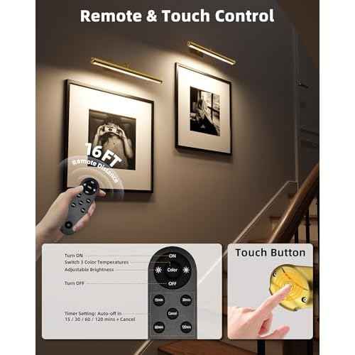 EZVALO Picture Lights for Wall, 16'' Rechargeable 6000mAh Painting Lights with Remote, Wireless Dimmable 3 Color Temperatures Art Lights for Gallery, Living Room, Hallway (Gold, 2Pack)
