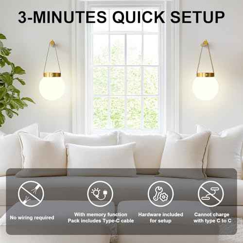 Battery Operated Wall Sconces Set of 2, Gold Wireless Globe Wall Lights with Remote Control Warm/Natural/Daylight/RGB 15 Colors Dimmable Rechargeable Wall Lamps Retro for Bedroom Living Room Hallway