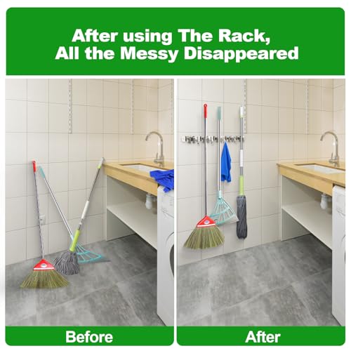 voze [2 Pack] 5 Racks and 4 Hooks Mop and Broom Holder Wall Mount, Self Adhesive Heavy Duty Broom Organizer Storage Tool Racks for Kitchen Garden Laundry Garage, Silver