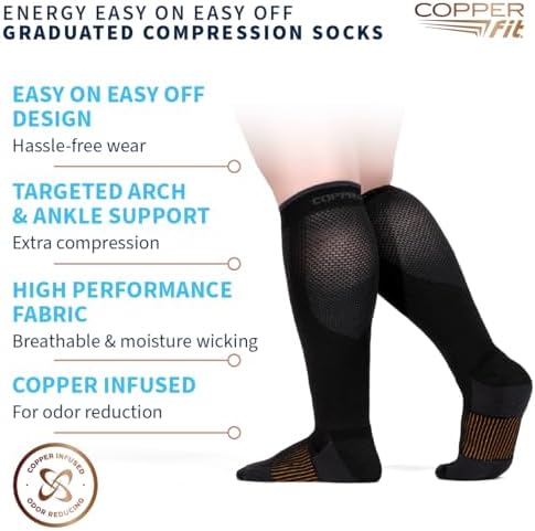 Copper Fit Energy Graduated Wide Calf Compression Socks for Men & Women – Easy On, Easy Off, For Circulation & Swelling Relief – Ideal for Travel, Nurses, Running, & Recovery