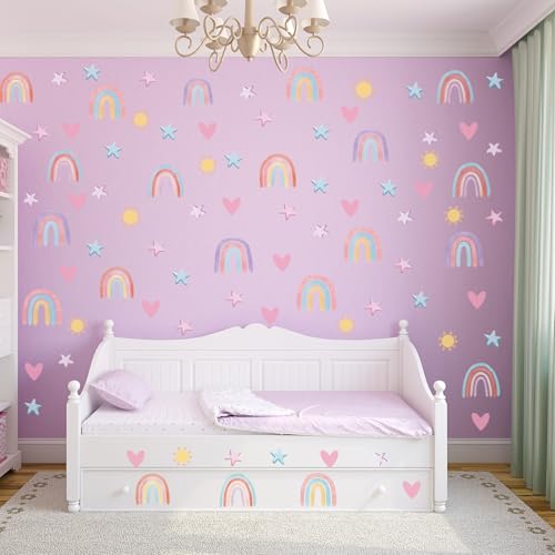 Rainbow 72pcs Wallpaper Wall Decals, Hearts, Suns, Stars, Watercolor Art for Girls, Nursery, Bedroom, Living Room, Toddler, Party Decals
