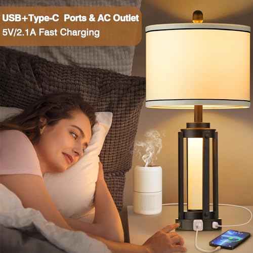 26" Modern Table Lamp with USB A+C Charging Ports & AC Outlet, Industrial Beside Contemporary Lamp Glass LED Night Light for Living Room Bedroom Nightstand End Table Single Black(2 Bulbs Included)