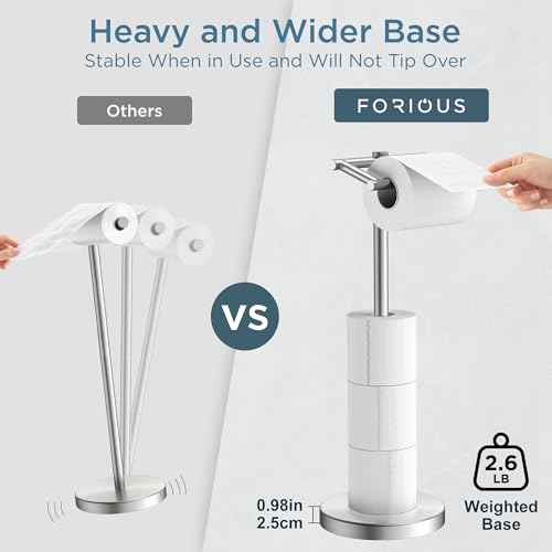 Toilet Paper Holder Stand Adjustable, Freestanding Tissue Roll Holder for Bathroom, Pivoting Design, Durable SUS 304 Stainless Steel and Weighted Base Toilet Paper Storage Holder, Brushed Nickel
