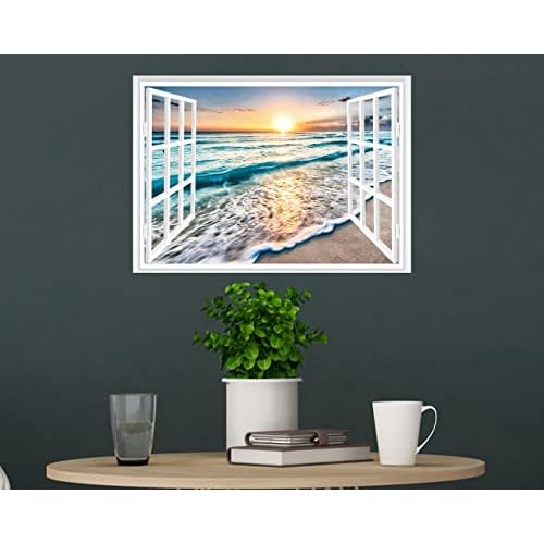 FLFK Fake Window Wall Sticker - Sunset Beach Faux Window Wall Mural for Wall Decor, Stick and Peel Wall Decals,16"x24"