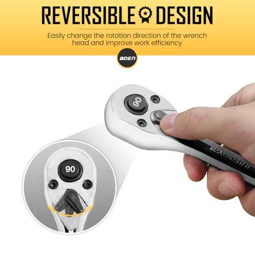 boen 1/4-Inch Drive Ratchet, 90-Tooth Quick-Release Ratchet Wrench, 4-Degree Swing, Reversible, Chrome Alloy Made, Full Polished