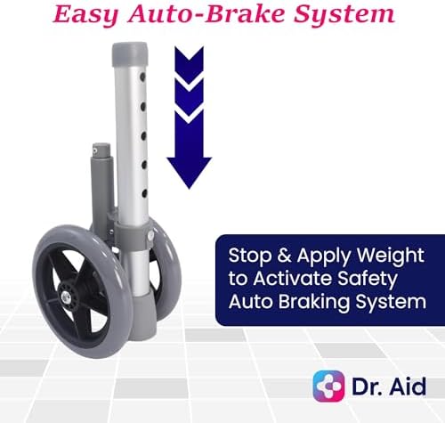 Dr. Aid Premium Folding Walker with Wheels, 5" Auto Brake Double Front Wheel Walker, Lightweight Walkers for Seniors, Durable Aluminum Frame, Adjustable Height, Supports Up to 400lbs, Aluminum Gray