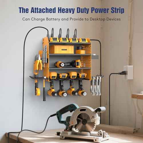 Heavy Duty Power Tool Organizer Wall Mount with Charging Station, 4 Layer Garage Storage Adjustable Shelves Height, Holds 4 Drills, 2 Hooks, Screw & Screwdriver box, Gifts for Fathers Day, Anniversary