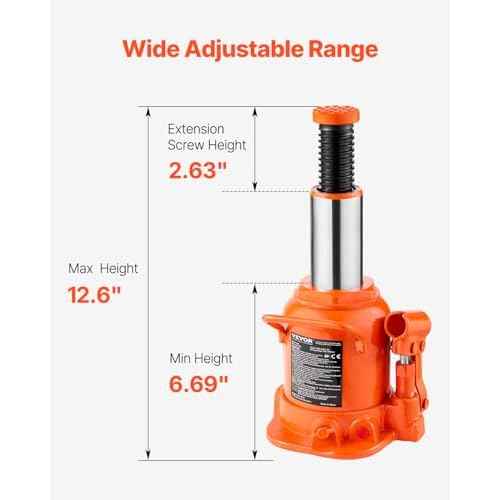 VEVOR Hydraulic Bottle Jack, 20 Ton/44092 lbs Low Profile Welded Bottle Jack with 6.69''-12.6'' Lifting Range & 3-Section Long Handle, for Car, Pickup, Truck, RV, Auto Repair, Industrial Engineering