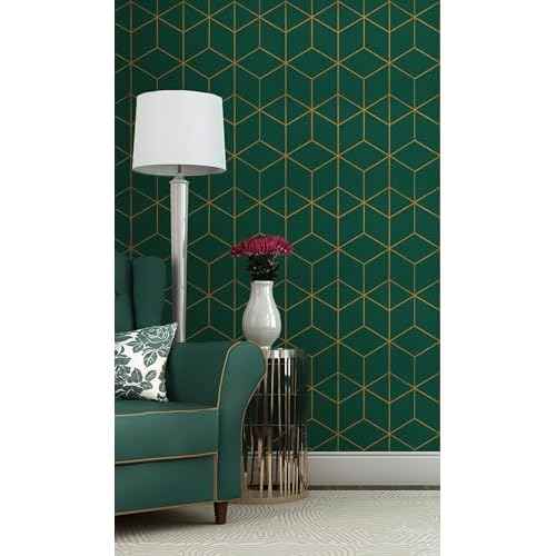 Safiyya Peel and Stick Wallpaper Gold and Dark Green Wall Paper Geometric Contact Paper Self Adhesive Removable Wallpaper for Walls Vinyl Roll 118"x17.3"