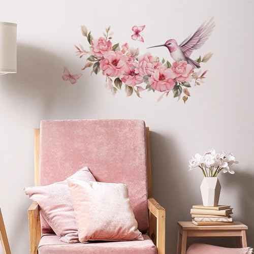 Pink Hummingbird Butterfly Flower Wall Stickers, sacinora Peach Blossom Peony Bird Wall Decals Removable Vinyl Peel and Stick for Girl Woman Nursery Living Room Bedroom Art Decorations