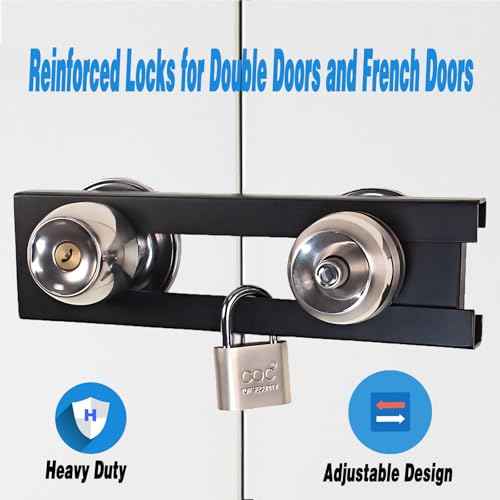 French Door Security Lock, Adjustable Double Door Lockout Device with Padlock, Reinforcement Locks for Knob and Handle Doors,Prevent Kick Ins,Childproof, Black