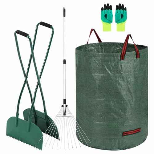 Leaf Grabber and Adjustable Metal Rake Set with Long Handle, 79-Gallon Reusable Yard Waste Bags & Gloves ? Complete Leaf Collector Tool Kit