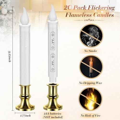 Yungyan 20 Pieces Window Candle Lights with Sensor Dusk to Dawn Flameless Battery Operated LED Candles Bulk Flicker Flame for Christmas Holiday Party Decorations(Gold Base)