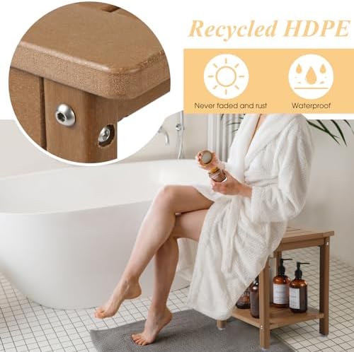 Shower Chair, HDPE Shower Bench for Inside Shower to Sit On It, Shower Stool with Storage Shelf 2-Tier Spa Stool for Elderly,Water Resistant & Non-Slip Design Shower Seat Bench (Teak S Size)