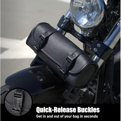 Nomad Motorcycle Tool Bag?Universal Handlebar Leather Pouch?Waterproof Cruiser Biker Roll Bag Front Fork or Saddlebag Storage (Black)