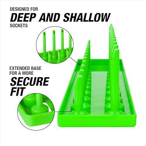 OEMTOOLS 22206 1/2" SAE Socket Tray Organizer, 28 Posts, 14 Sizes, Green Finish