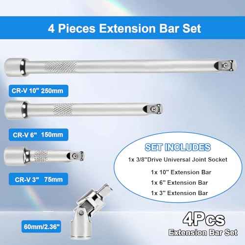 3/8 Inch Drive Extension Bar Set, Socket Extension Set Include 3, 6, and 10 Inch Extensions and 3/8 Inch Drive Universal Joint Sockets, 4 Piece Set