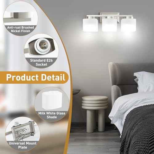 3-Light Bathroom Light Fixtures - Brushed Nickel Bathroom Vanity Lights with Glass Shade Modern Bathroom Lighting Fixtures Over Mirror - Wall Sconce Lamps for Bedroom,Living Room,Hallway