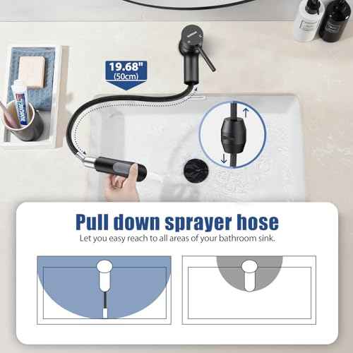 HURRAN Pull-Out Bathroom Faucet, Single Lever Basin Mixer with 2 Water Flow Modes, Short Design, Stainless Steel, Matte Black