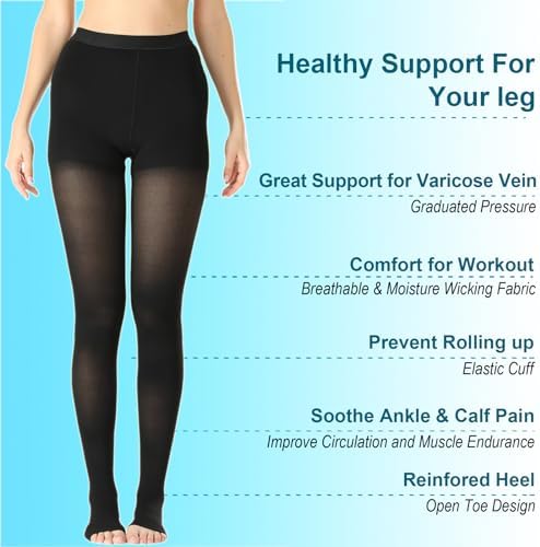 Medical Compression Pantyhose for Women & Men,20-30mmHg Graduated Support Hose Tights,Opaque Open Toe Waist High Compression Stockings for Varicose Veins,Swelling,Edema,Flight
