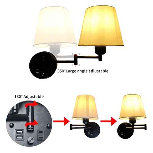 Wall Mounted Bedside Lamps with USB and 2 Pin Socket,Bedroom Sconces Set of 2 Cord and Switch,Dimmable Swing Arm Wall Sconce with White Linen Fabric Shade(E26/E27 Bulbs Not Included)