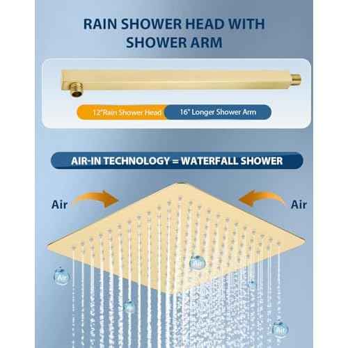 12 Inch Brushed Gold Rain Shower Head with Extension Arm, Rainfall Square Showerhead with 16 Inch Shower Arm All Stainless Steel, 144 Outlets Waterfall Full Body Coverage