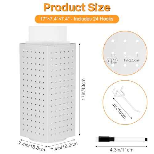 Rotating Pegboard Display Stand with 24 Hooks, Tabletop Metal Peg board Shelf for Craft Shows & Fairs, Retail Stores, Vendors Arts and Crafts Finishing - 4-Sided Craft Rack Organizer (White)