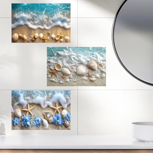 3 Sheets Vinyl Blue Ocean Wall Sticker Beach Shell Wall Decal Blue Sea Floral Peel and Stick Clings for Bathroom Room Bedroom Decorations