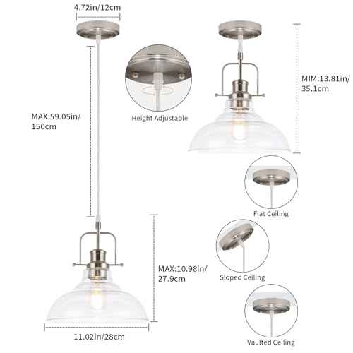 WILON Brushed Nickel Glass Pendant Lights Kitchen Island Lighting, Modern Hanging Lamp for Sink Dining Room Over Table Hallway Entryway Bar Foyer Bathroom