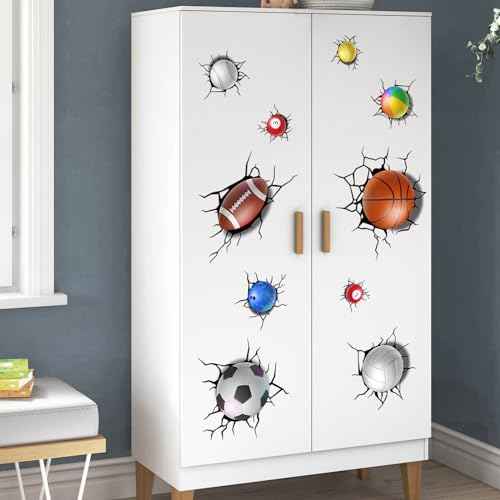 Supzone 3D Broken Sport Wall Decals Basketball Football Baseball Soccer Wall Sticker Removable Sports Break Through The Wall Artwork Decor for Kids Boys Bedroom Living Room Baby Nursery Playroom