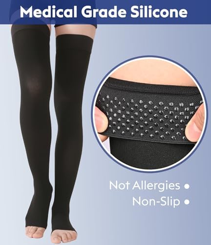 Thigh High Compression Stockings Toeless - Unisex, Opaque, KEKING 15-20mmHg Graduated Compression Leg Support Hose with Anti-Slip Silicone Band - Swelling, Varicose Veins, Edema, Travel, Black X-Large
