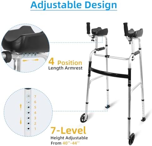 Stand Up Walker with Bearing Wheels - Height Adjustable Standard Walkers with Armrest Pad, Foldable Walker for Seniors, Elderly, Aluminum Platform Walkers with Small Bag, Silver