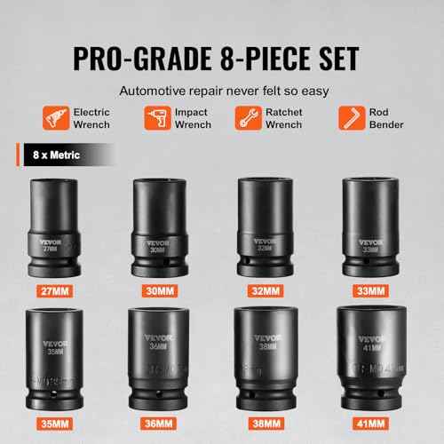 VEVOR 1" Drive Impact Socket Set, 8 Piece Deep Socket Set Metric 27-41mm, 6 Point Cr-Mo Alloy Steel for Auto Repair, Easy-to-Read Size Markings, Rugged Construction, Includes Storage Case