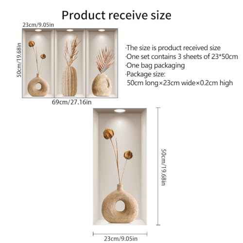 3D Dried Flower Vase Wall Stickers, 3Pcs Rustic Blossom PVC Wall Decals, Removable 3D Floral Wall Art for Living Room, Bedroom, Entryway, Sofa Backdrop, Yoga Studio, Office, Home Decor