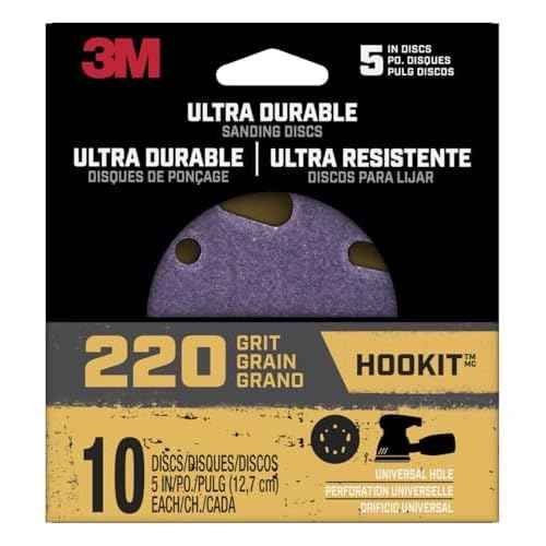 3M Ultra Durable 5 inch Power Sanding Discs, Universal Hole, 220 Grit, 10/Pack