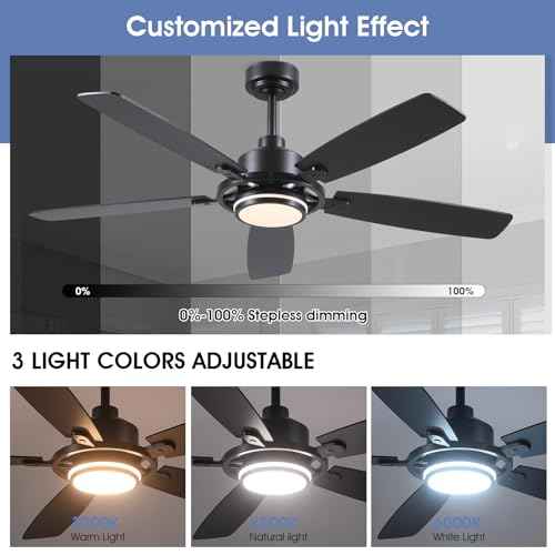 54" Black Ceiling Fans with Lights and Remote,Modern Led Ceiling Fans with Quiet DC Motor, Dimmable 6 Speeds Reversible for Living Room Patio Kitchen
