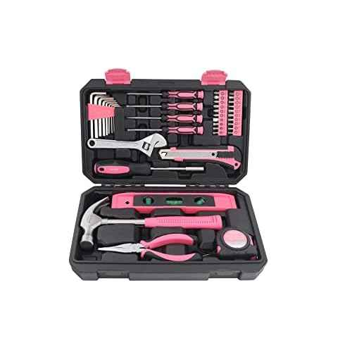 Apollo Tools 39 Piece General Household Tool Set in Toolbox Storage Case with Essential Hand Tools for Everyday Home Repairs, DIY and Crafts - Pink Ribbon - Pink - DT9711P