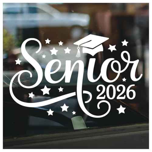 Senior 2026 Graduation Decal with Cap and Stars, Script Font Class of 2026 Sticker Waterproof Vinyl Car Laptop Window Decoration School Spirit Graduate Gift 7 Inches