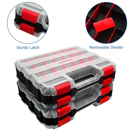 Double Side Tool Box Organizer, Hardware Storage Box, Portable Small Parts Organizer with Removable Plastic Dividers for Screws, Nuts, Nails, Bolts (Red)