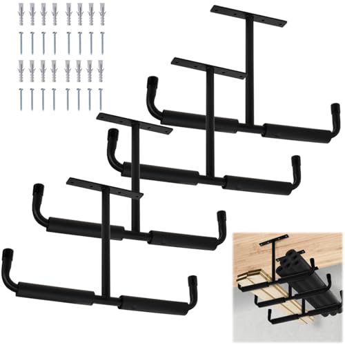 4 Pack Overhead Garage Storage Hooks, 16.5" Heavy Duty Ceiling Mount Hangers, Double T-Bar Metal Ladder Ceiling Racks, Hanging for Bike, Pipe Lumber, Fishing Rod, Sports Equipment