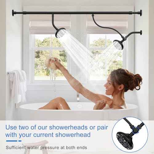 6 Spray Settings Dual Shower Head for Couples, High Pressure Double Shower Heads with 304 Stainless Steel, Two Showerhead System for Bathrooms From 61 to 80.7 Inches Fit 2 Person(Black)