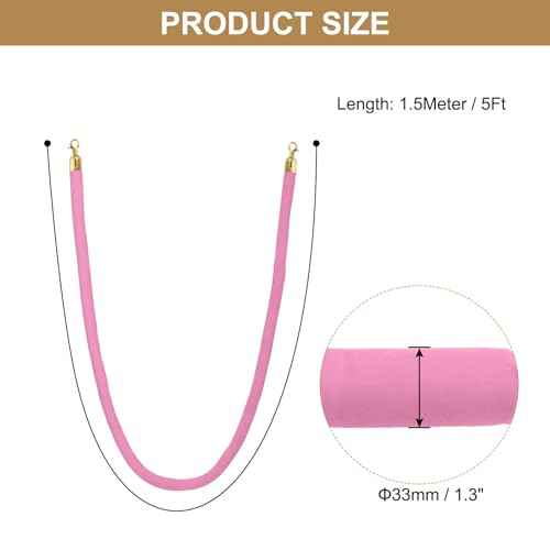 PATIKIL 5 Feet Pink Velvet Stanchion Rope, 6 Pack Crowd Control Barrier Rope with Snap Hooks for Posts Stands Queue Divider of Hotel Theater, Golden