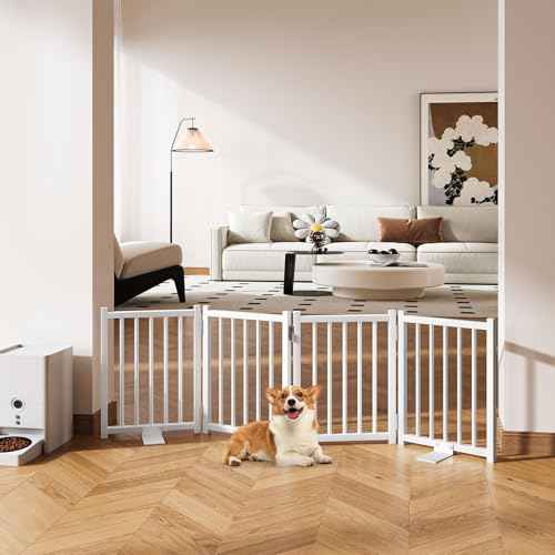 Snughome Dog Gate Indoor, 16" High Freestanding Dog Door Gates with Support Feet, Expands Up to 48¡¯¡¯ Wide Foldable Pet Gates for Doorways Hallways, 4 Panel Folding Pet Door Pet Fence for Puppy, White