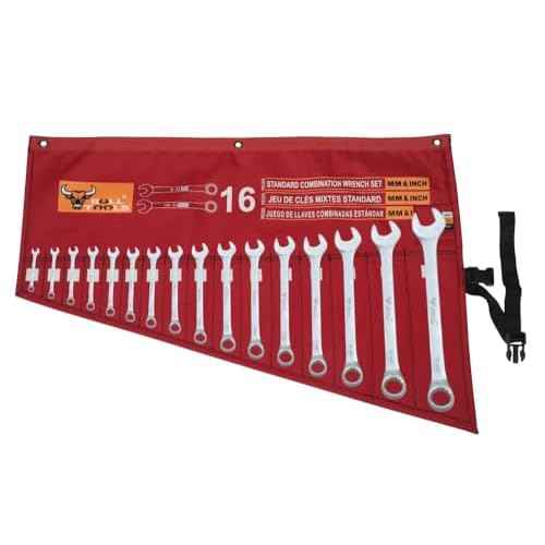 BULL TOOLS 16-Pocket Tool Organizer Roll-Up Pouch with Carry Bag Heavy Duty Ballistic Polyester Canvas SAE/Metric Tool Roll for Wrenches, Screwdrivers & Small Tools, Waterproof, Compact & Durable-Red