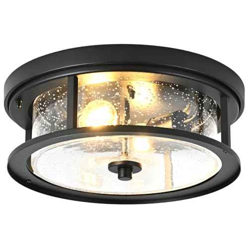 Black Ceiling Light Fixtures Flush Mount Light, 2 Bulb with Glass Flush Mount Ceiling Lights Fixture Bedroom, Indoor Outdoor Ceiling Lights for Porch Hallway Kitchen