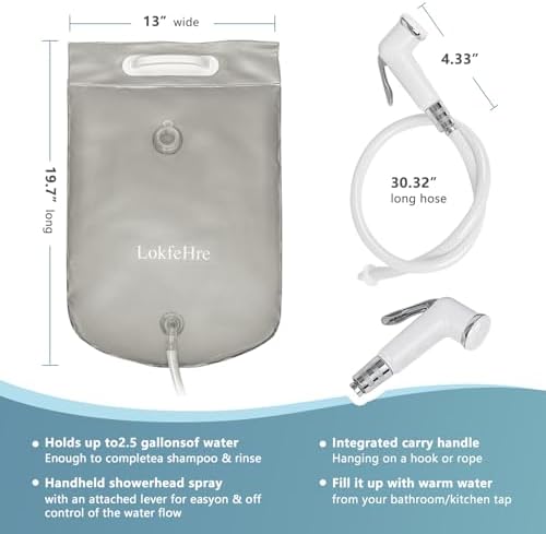 Bedside Shower Water Bag - 2.5 GL Portable Water Shower Bag For Hair Washing In Bed. Use with Inflatable Shampoo Basin, Inflatable Hair Washing Basin, Inflatable Bathtub For Elderly (Grey)