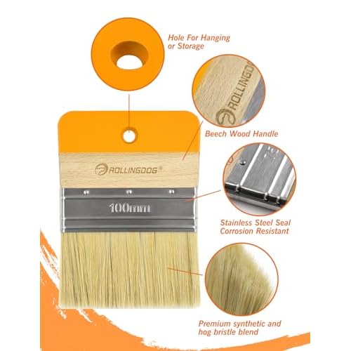 ROLLINGDOG 4" Flat Paddle Paint Brush - Decorative Brush for Walls Texture Paint and Artist Painting